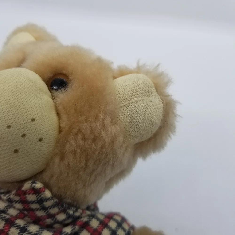 small teddy bear with plaid shirt and red shorts